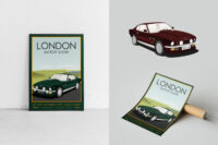 Illustration Case: Poster-Gestaltung mit Aston Martin V8 Vantage in British Racing Green vor englischer Landschaft mit dem Titel London Motor Show