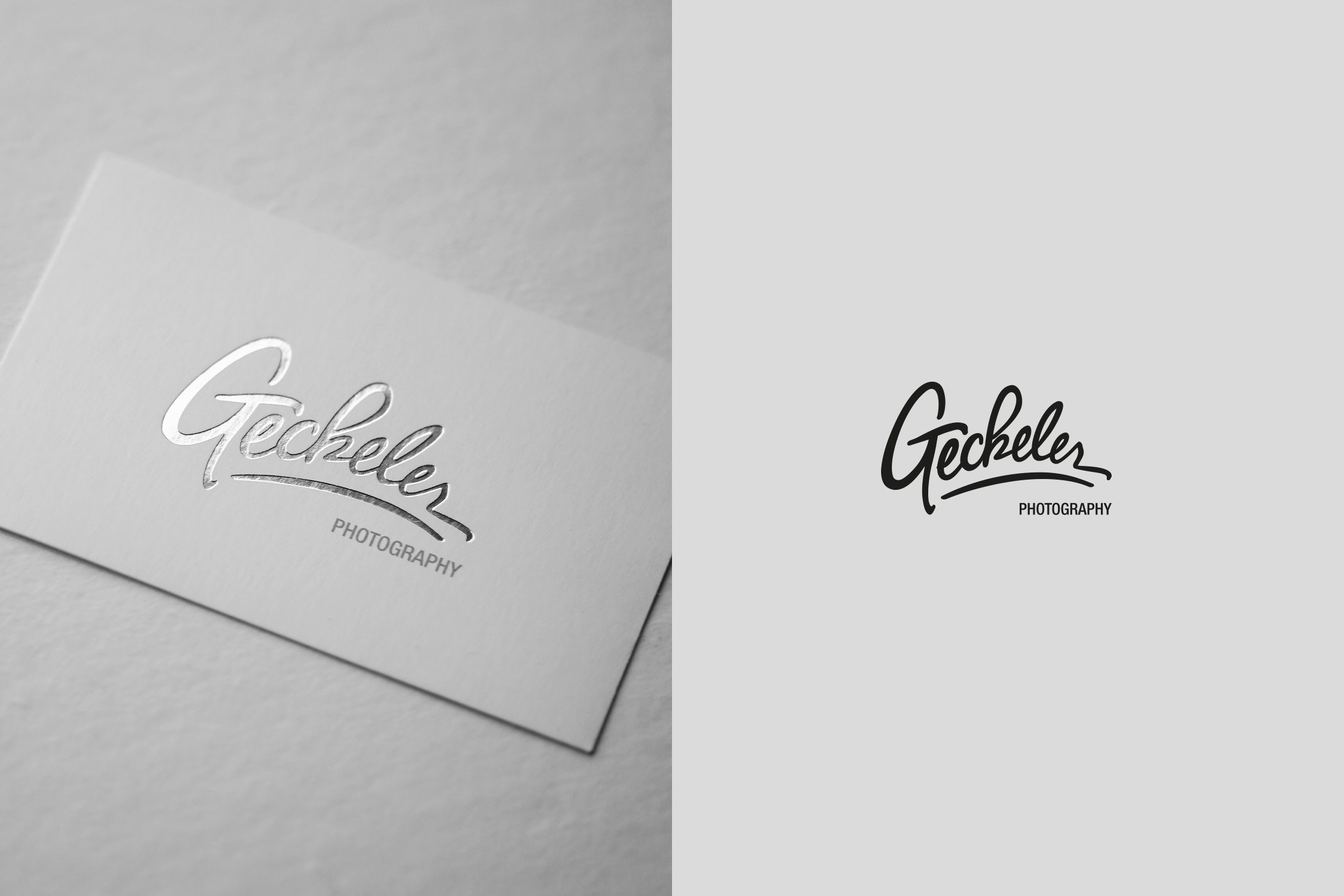 Logo Design Case: Mockup für das Logo Design für Geckeler Photography mit Visitenkarte auf der rechten Seite und dem gestaltetem Logo auf der linken Seite