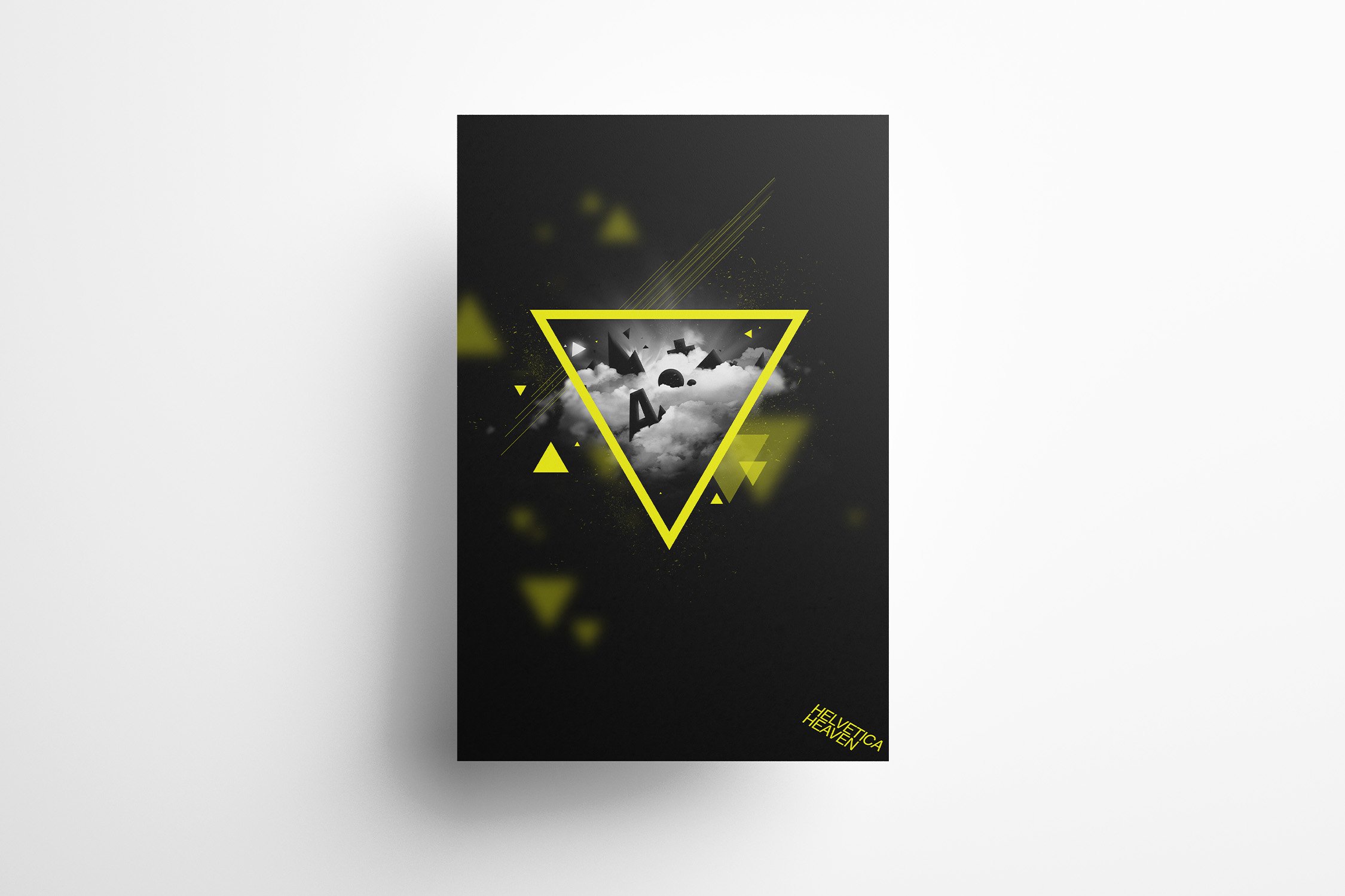 Composing und Illustration Case: Helvetica Heaven mit gelben Dreiecken auf schwarzem Hintergrund