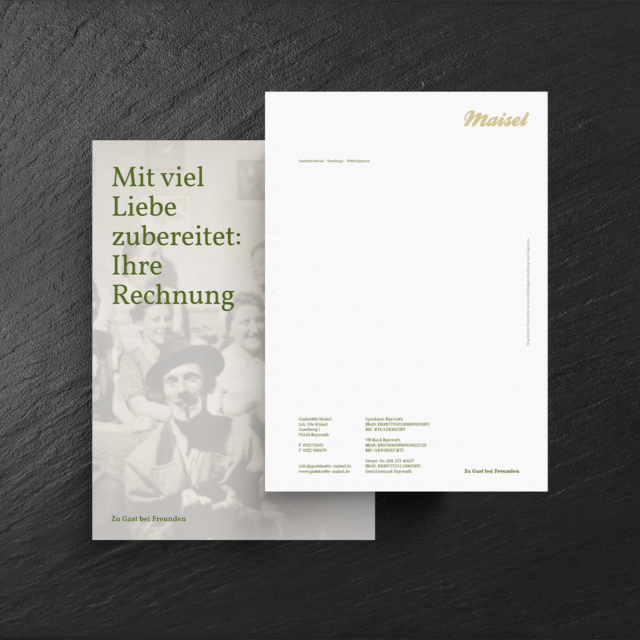 Corporate Design Case: Mockup in Schieferoptik mit gestalteten Rechnungsboegen fuer Maisel Catering in Bayreuth