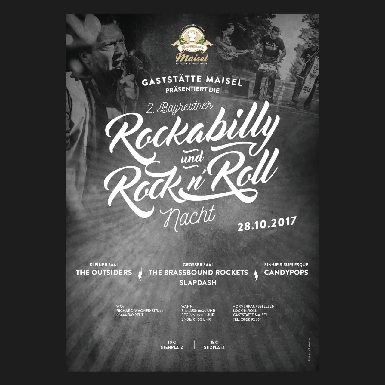 Plakatgestaltung Gaststätte Maisel 2017 für die Rockabilly und Rock n Roll Nacht in Bayreuth.