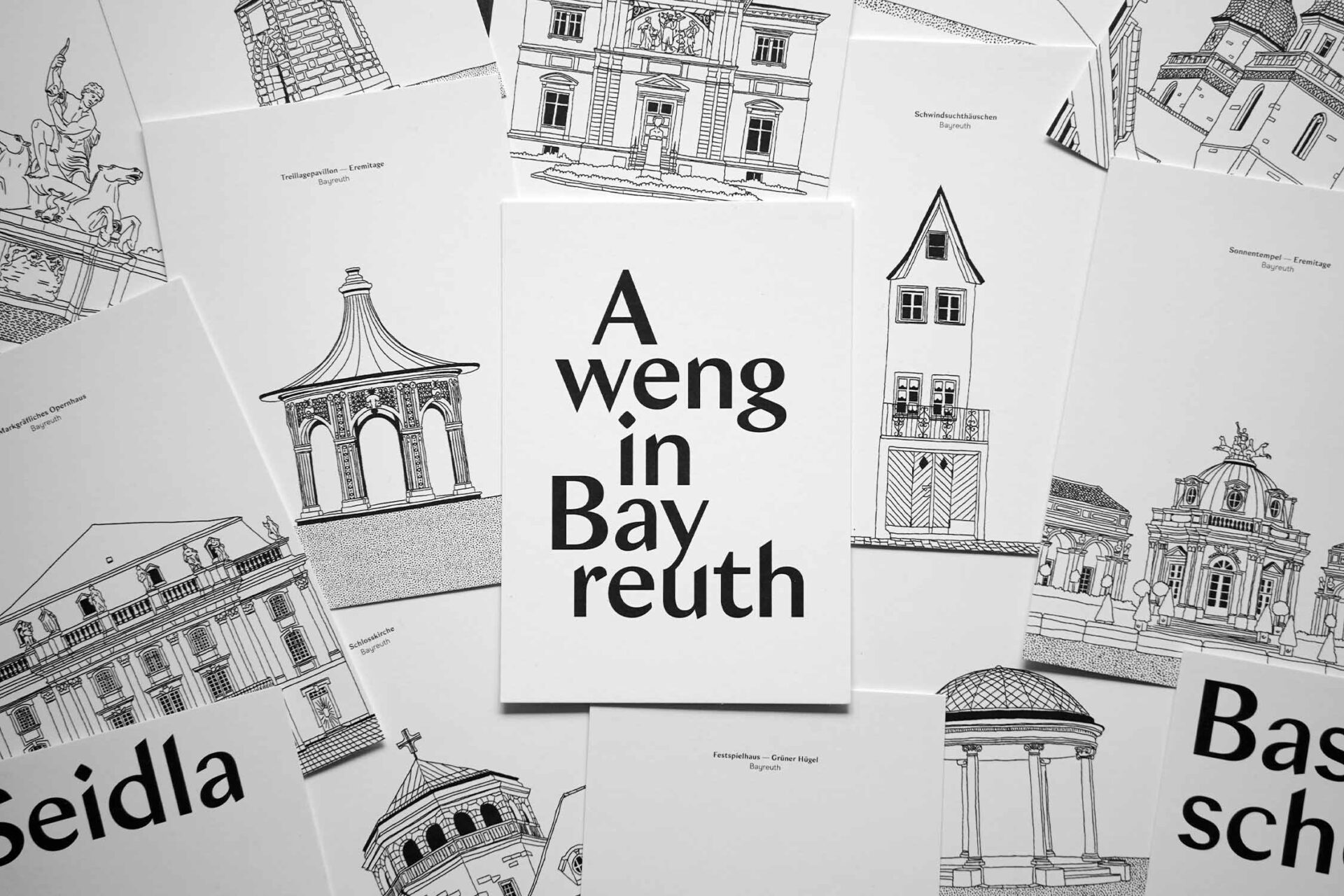 Das Bild zeigt eine Übersicht der Creative Cards in Schwarz-Weiss von Baier Creative in Bayreuth